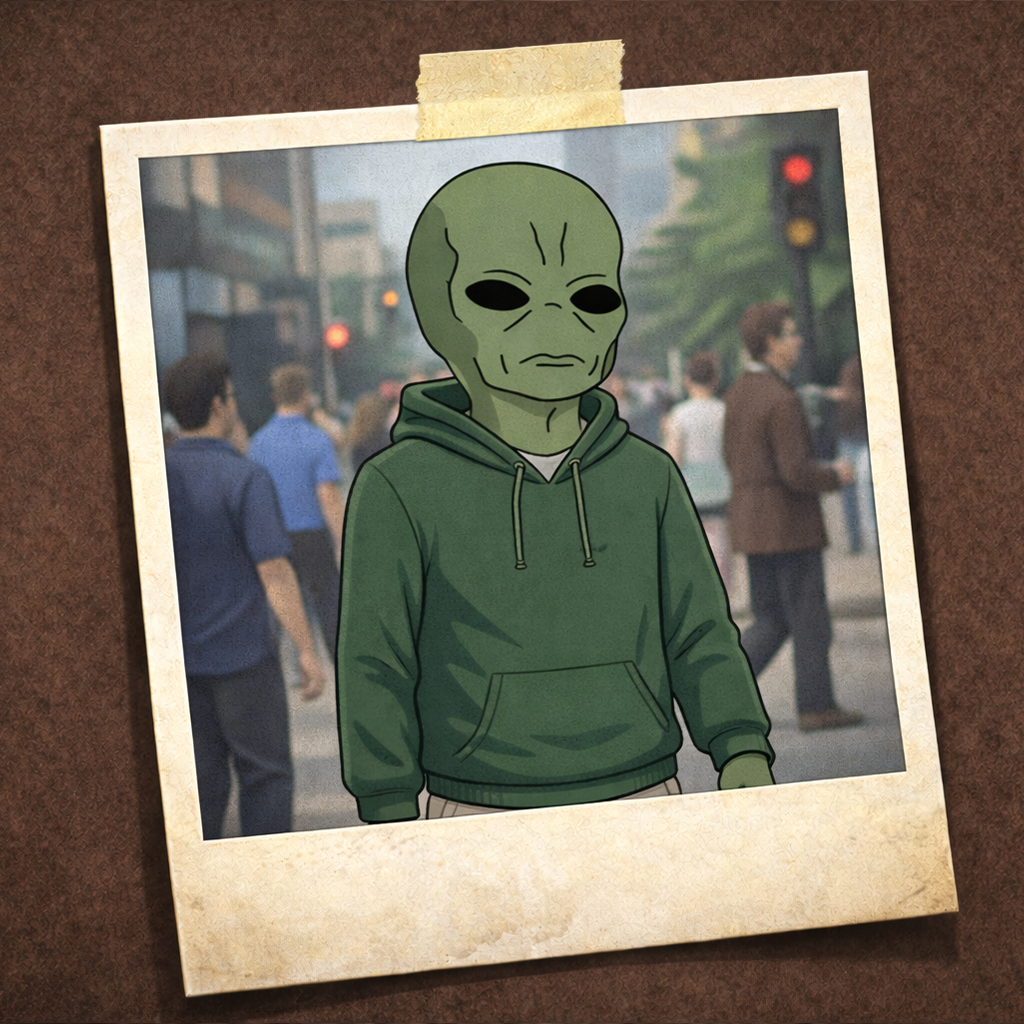 Alien subject in city crowd